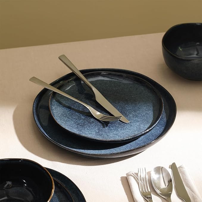 Stone Lain Mirella 24-Piece Stoneware Dinnerware Set, Service for 8 – Reactive Glaze, Deep Blue – Includes Dinner Plates, Salad Plates, and Bowls – Modern Organic Design