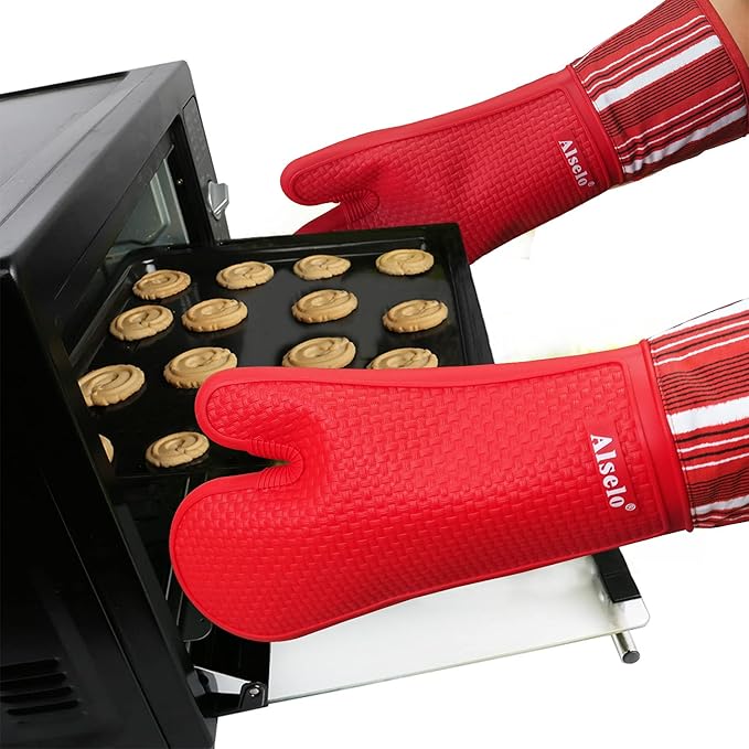 Alselo Silicone Oven Mitts Heat Resistant 550 Degree, Extra Long Kitchen Mittens with Non-Slip and Waterproof Pot Holders for Baking Cooking Barbecue Microwave Machine Washable(Extra Long red, 2)