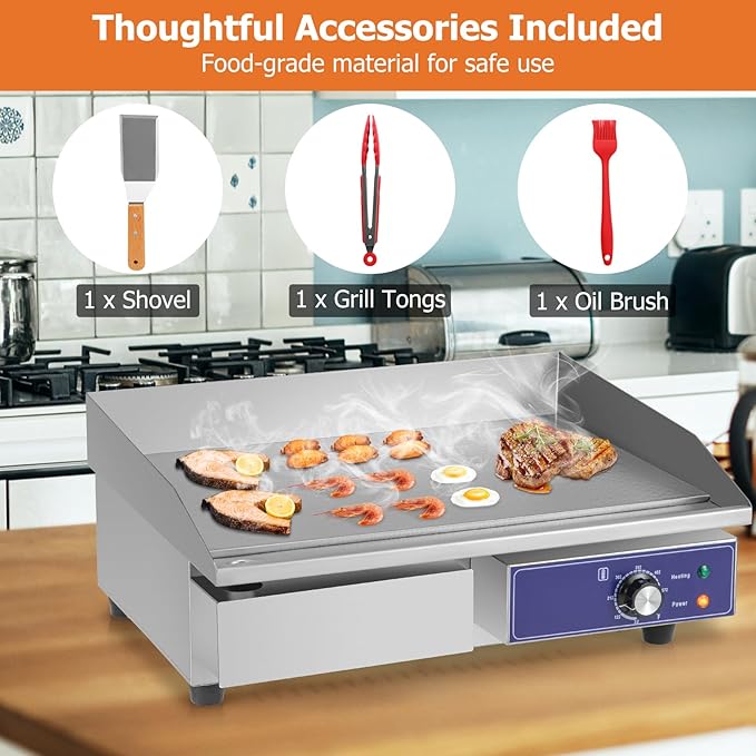 Happygrill 22" Commercial Electric Griddle, Stainless Steel Flat Top Grill w/Adjustable Temperature Control 122℉-572℉, Complete Accessories, 2000 W Electric Countertop Griddle for Kitchen Restaurant