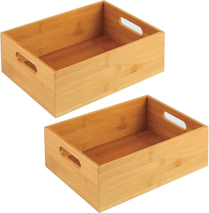 mDesign Kitchen Storage Box - Large Wooden Box with Handles - Bamboo Kitchen Utensil Storage Box - 12" x 9" x 4" - Set of 2 - Nature