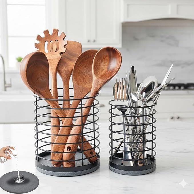 Set of 2 Utensil Holder, Large Metal Kitchen Utensil Holder and Small Silverware Holders with Diatomite Stone Base, Prevents Water Buildup, Utensil Drying Rack for Cooking Tools&Silverware, Black