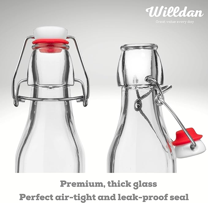 WILLDAN Set of 12-8.5oz Swing Top Glass Bottles - Flip Top Brewing Bottles For Kombucha, Kefir, Vanilla Extract, Beer - Airtight Caps and Leak Proof Lids, Bonus Gaskets and Funnel