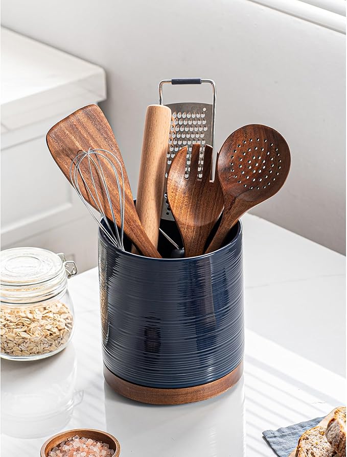 Utensil Holder, 360° Rotating Extra Large Ceramic Kitchen Utensil Holder for Countertop, 7.3“ Cooking Utensil Crocks for Kitchen Counter with Rotatable Wooden Base, Farmhouse Decor, Dark Blue