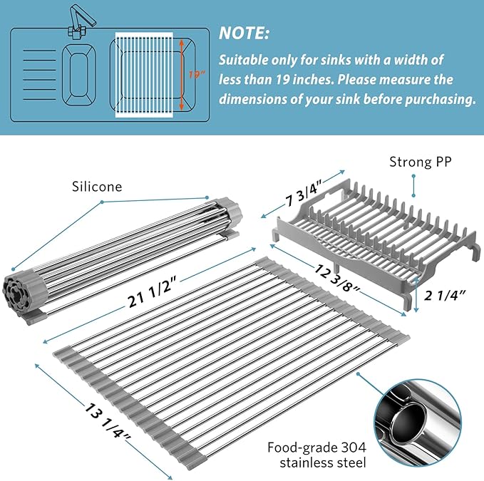 Upgraded Roll Up Dish Drying Rack(21.5” x 13.1”) Over Sink Dish Drainer Foldable Stainless Steel Trivet for Kitchen Countertop