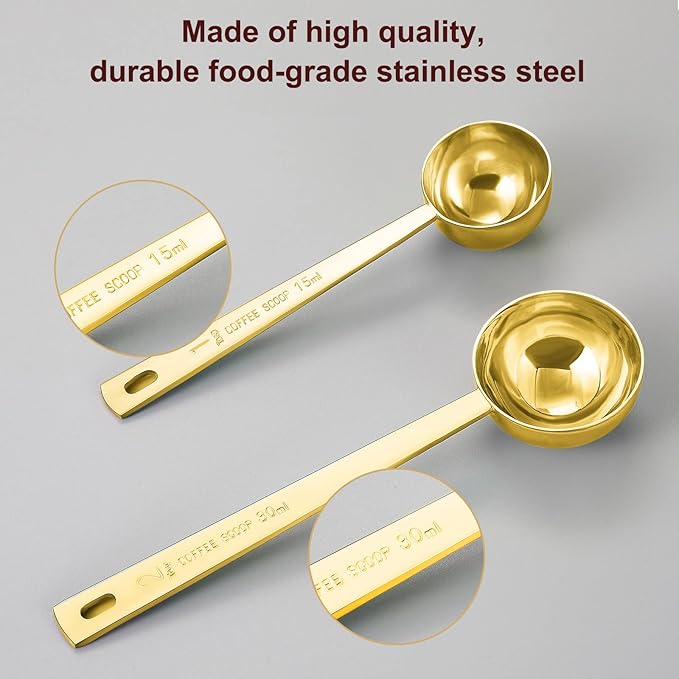 Safring Premium Coffee Scoop Set, Set of 2, Metal Stainless Steel Long Handle Coffee Scoop, Measuring Coffee Spoons Contains 1 Tablespoon (15 ml) and 2 Tablespoons (30 ml) Spoon-Gold
