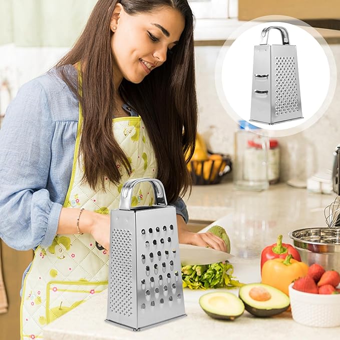 1pc Stainless Steel Vegetable Grater Portable Metal Grater 4-Sided Cheese Grater with Handle for Kitchen Restaurant (6inch)