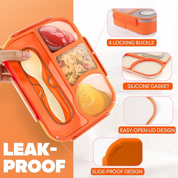 EASYFUN Bento Box Adult, Lunch Box, 4-Compartment Lunch Containers, Drop-Proof, Dishwasher Safe & Made with BPA-Free Materials (Orange)