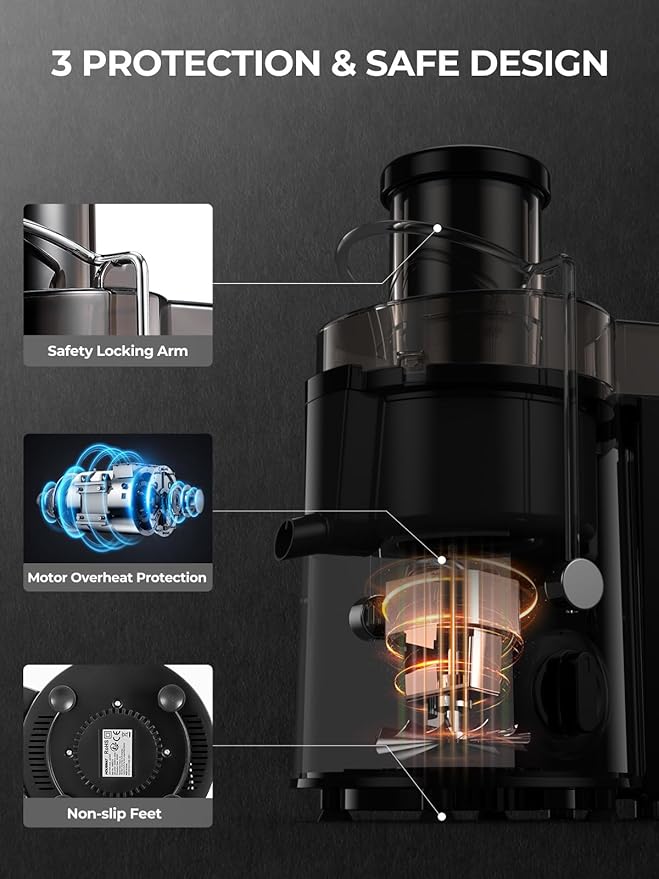 Juicer Machines, HOUSNAT Juicer Whole Fruit and Vegetables with 3-Speed Setting, Upgraded Version 400 W Motor Quick Juicing, Cleaning Brush and Juicing Recipe Included, Black