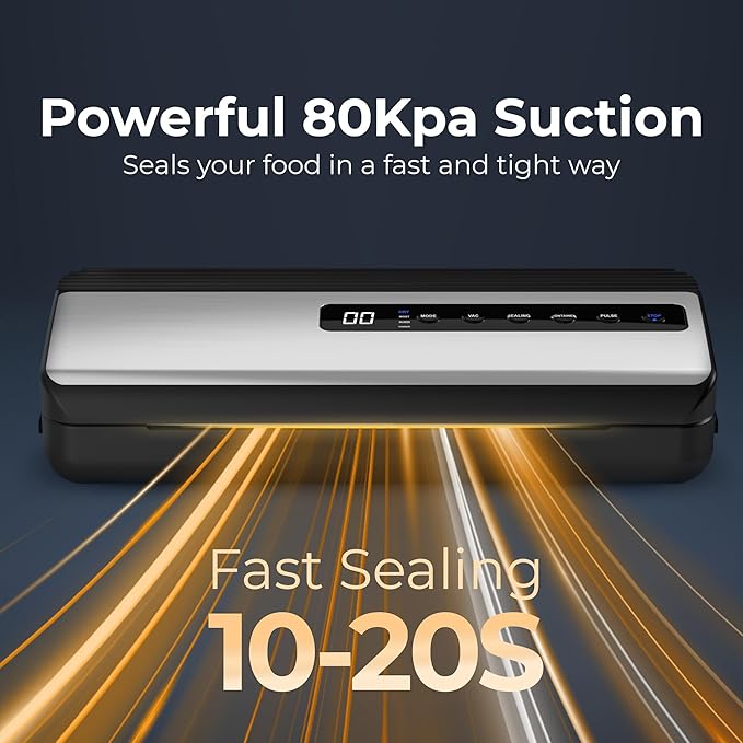 Vacuum Sealer for Food Saver & Preservation 80kPa - Powerful Suction Bag Sealer Dry/Moist/Liquid Modes - Vacuum Sealing Machine with Built-In Cutter, Bag Roll & 10 Bags Kit (Silver)