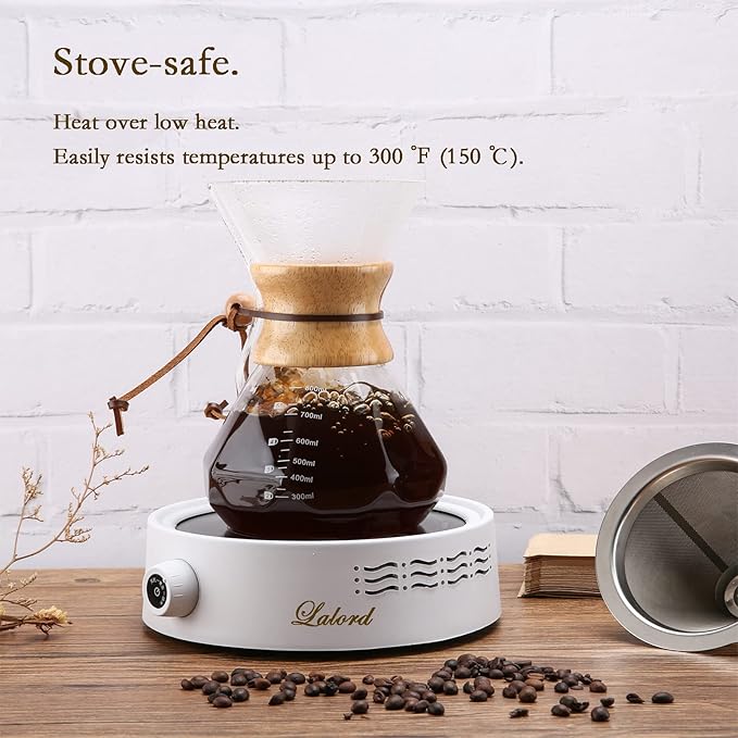 Lalord Pour Over Coffee Maker with Stainless Steel Filter, 20 oz Borosilicate Glass Coffee Carafe, Wooden Collar, Coffee Maker Carafe, Hold 3-4 Cups, 600 ml, Clear