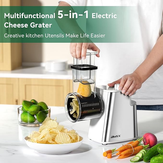 Electric Cheese Grater Upgraded, 250W Electric Slicer Shredder, Automatic Cheese Shredder, Electric Salad Machine for Fruits, Vegetables, Cheeses，Salad Maker With 5 Different Shapes of Blades