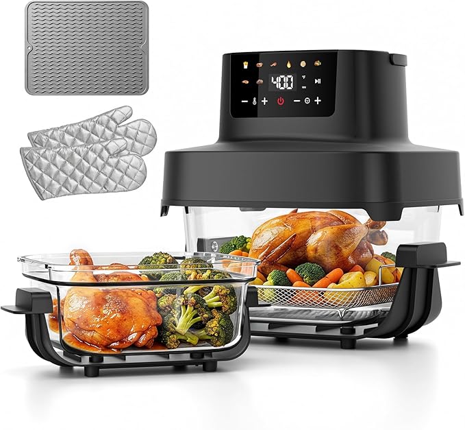 Glass Air Fryer Non Toxic, 6.3QT & 4.4QT Air Fryer with Dual Glass Baskets with Lids, 8-in-1 Portable Air Fryers Cristal, PFOA & PFAS-Free, Dishwasher Safe, Ideal Kitchen Gift