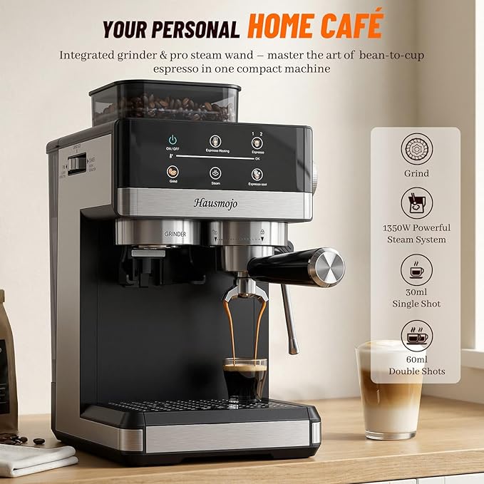 Espresso Machine with Grinder, 20Bar Expresso Coffee Machines with Milk Frother, Professional Compact Stainless Steel Coffee Maker for Espresso, Latte & Cappuccino, Perfect for Home Use