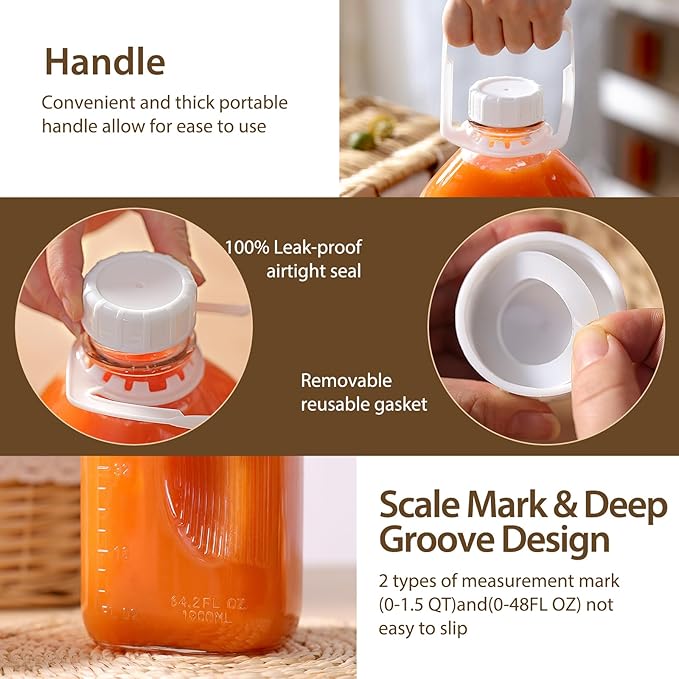 CUCUMI 2 Pack 64 Oz Glass Milk Bottle with Reusable Strong Airtight Screw Lid, 2 Qt Glass Juice Bottles for Almond Milk