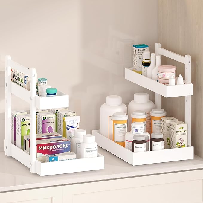 Under Sink Organizer - 1-Tier Pull Out Cabinet Organizer Vertical Slide Out Sink Shelf Storage Shelves for Multi-Purpose Bath Kitchen Bathroom Medicine (White, 1 Pack)