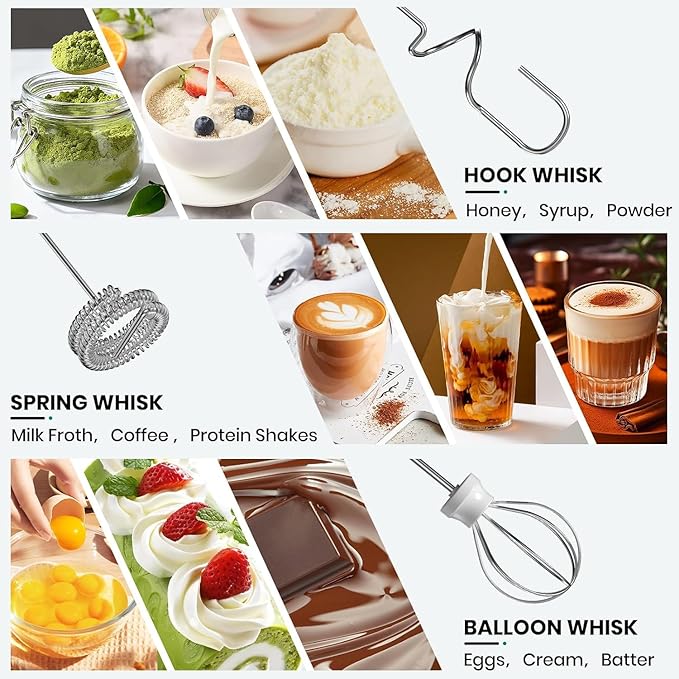 Rechargeable Milk Frother Handheld with 3 Whisk and Stand, 3 Speed Frother Wand Mixer, Dual Spring Whisk Coffee Frother for Matcha, Lattes, Cappuccino, Frappe Drink, Hot Chocolate