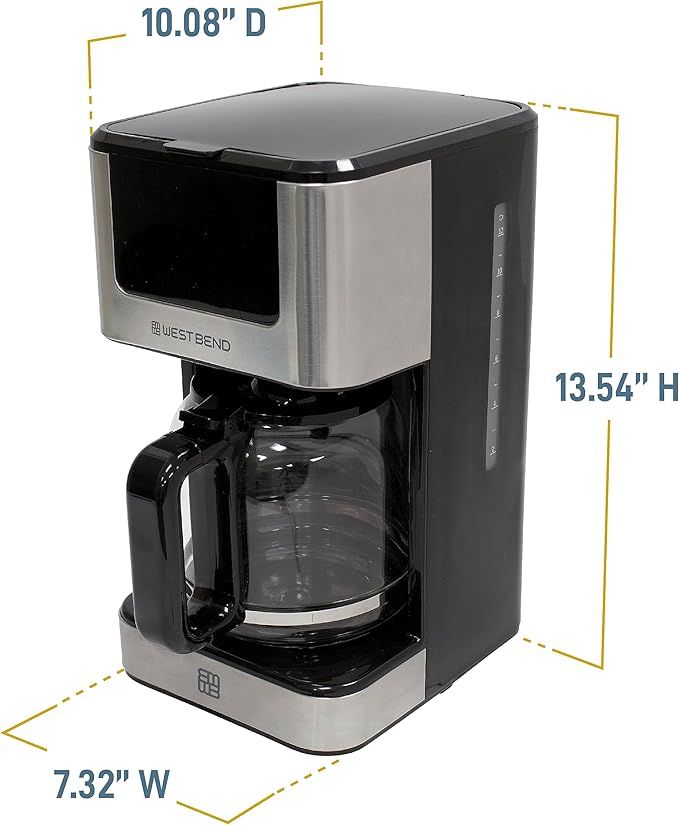 West Bend Drip Coffee Maker Brews Hot or Iced, Programmable with Brew Strength Selector Auto Shut-Off and 6 Functions Permanent Mesh Filter and Glass Carafe, 12-Cup, Metallic