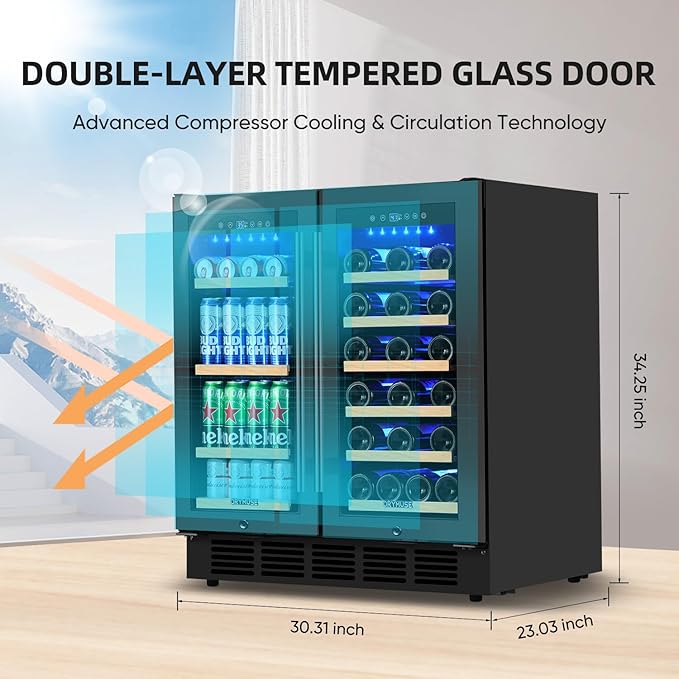 ORYMUSE 30 Inch Dual Zone Wine & Beverage Refrigerator, Built-In or Freestanding Wine Fridge with Seamless Black Stainless Steel Door, Glass Door, Digital Touch Control, Holds 30 Bottles & 110 Cans