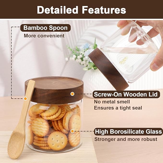 19oz Coffee Jars with Airtight Lid, 2 Pack Glass Mason Jars with Wood Lids Set, Srew Top Food Storage Containers for Sugar, Tea, Oats, Candy, Cookie, Bean - 3.9 x 3.9 inch Spice Bottle