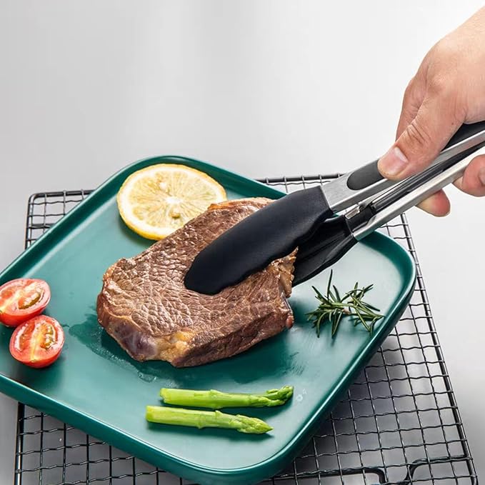 2 Pcs Mini Stainless Steel Food Tongs,7“Size Kitchen Tongs,Tongs for Cooking,Silicone BPA Free Non-Stick BBQ Cooking Grilling Locking (7 inches)