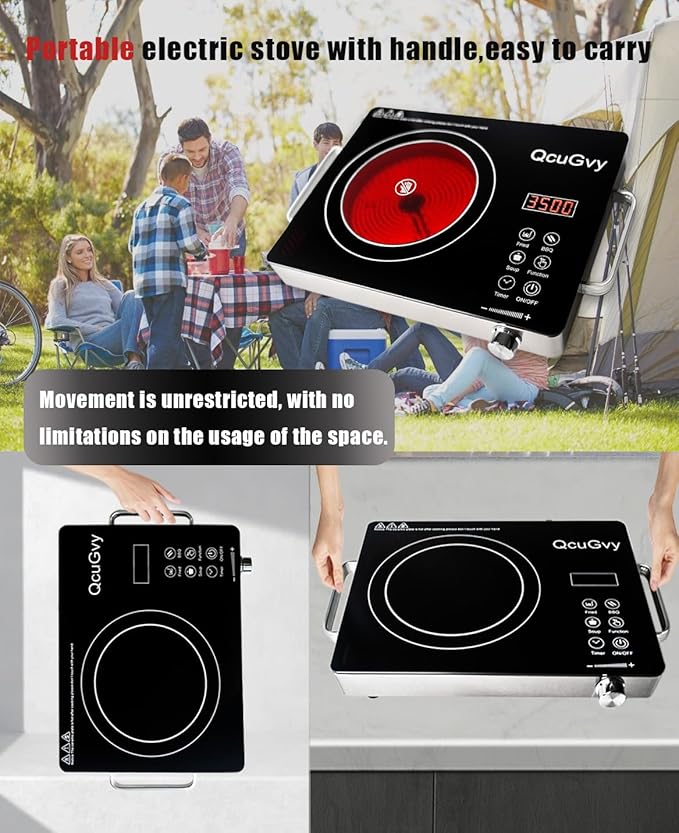 14" Portable Infrared Burner 3500 Electri Burner with 3 Hours Timer-Electric Hot Plate Touch Control Panel Adjustable Heating Power Glass Plate Electric Cooktop for Cooking (Black)