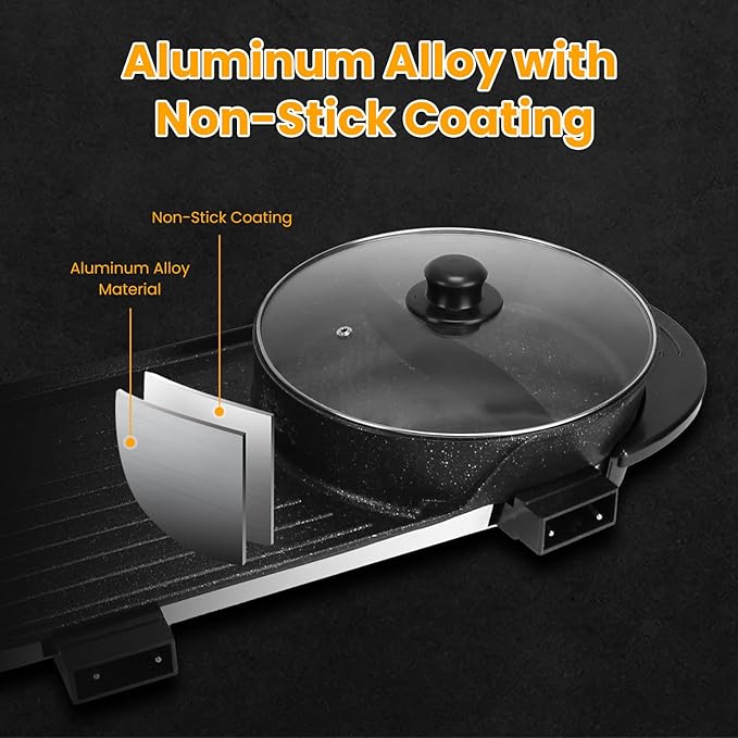 2-in-1 Electric Hot Pot & Korean BBQ Grill, 2200W Smokeless Non-Stick Indoor Combo with Dual Temperature Control, Shabu Shabu Hot Pot w/Large Capacity Tray, 5 Firepower Settings for 2-12 People, 110V
