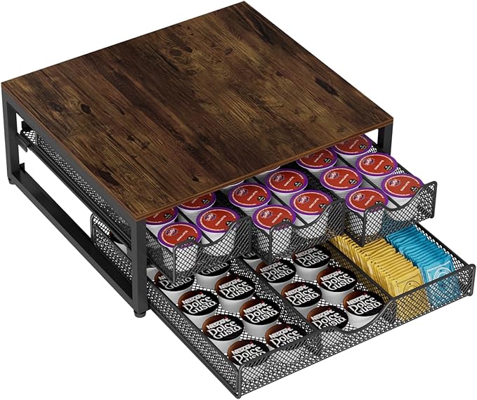 Coffee Pod Holder For Counter, 3 Pull-Out 72 K-Cup Holder Drawer, Wooden Cafe Pods Storage Organizer with Sliding Drawers for Coffee Station, Home, Kitchen, Office, Dorm (Antique Finish)
