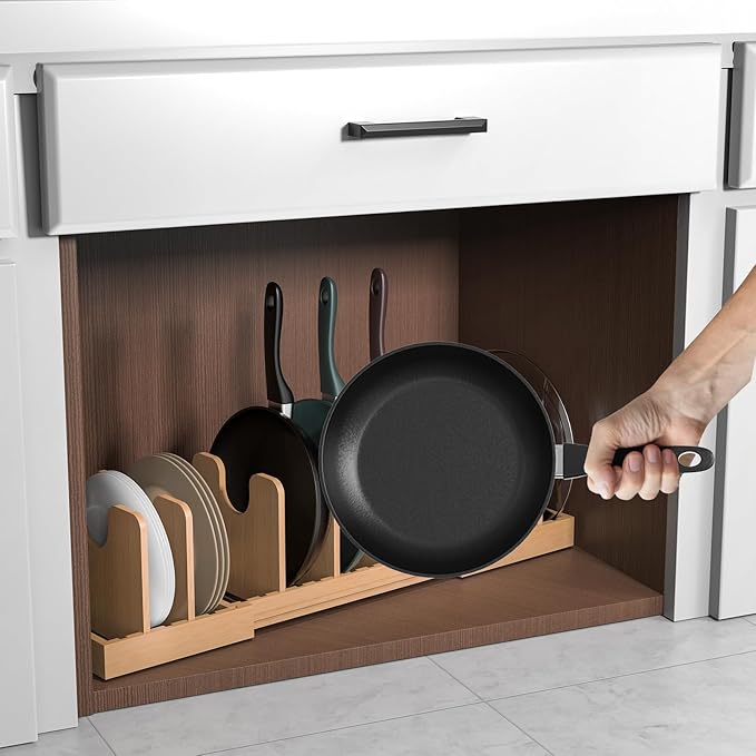 Pots and Pans Organizer Under Cabinet, Expandable Pot Lid Organizer, Bamboo Pan Organizer, Pot and Pan Organizer Rack for Kitchen Countertop or inside Cabinet