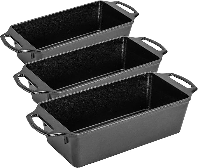 Lodge Cast Iron Loaf Pan 10 Inch | Pre-Seasoned | Dual Handles | Made in USA | Pack of 3