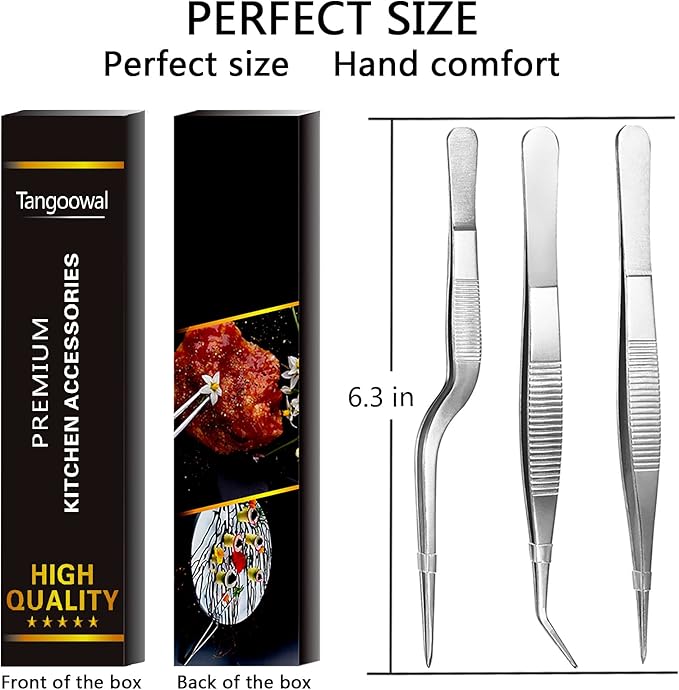 Kitchen Cooking Tweezers Culinary,3 Piece Set Stainless Steel Tweezer Precision Tongs Offset Tip for Cooking Food Design styling(6.3-Inch)