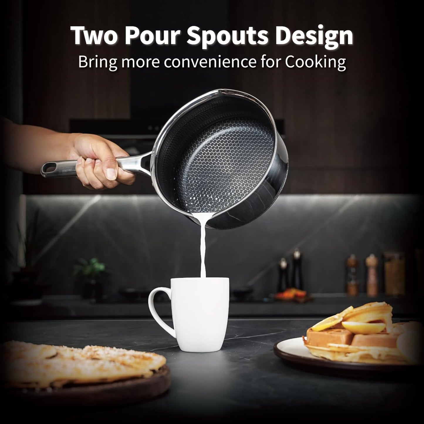 Hybrid Nonstick 1.5 QT Saucepan with Lid, Stainless Steel Honeycomb Pot with Two Pour Spouts,Compatible with All Cooktops,Dishwasher and Oven Safe