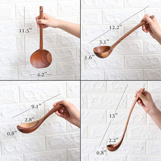 FJNATINH Wooden Soup Ladle Set, Kitchen Spoon Set Utensils, 4 Pcs Handmade Natural Teak Cooking Spoons, Long Handle Wooden Soup Ladle Spoon