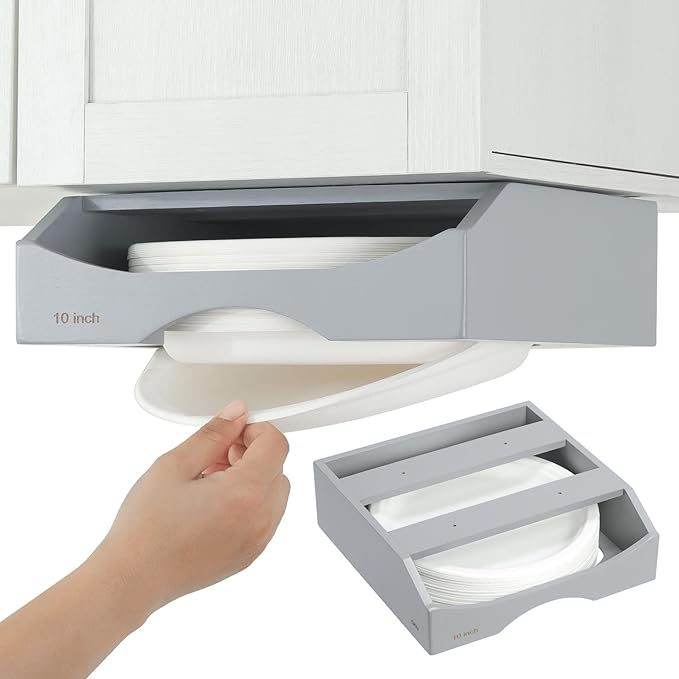 10-inch Paper Plate Dispenser Under Cabinet, Bamboo Paper Plate Holders, Kitchen Counter Vertical Plate Dispensers Holders Countertop Caddy (For 10-inch Plates,Gray)