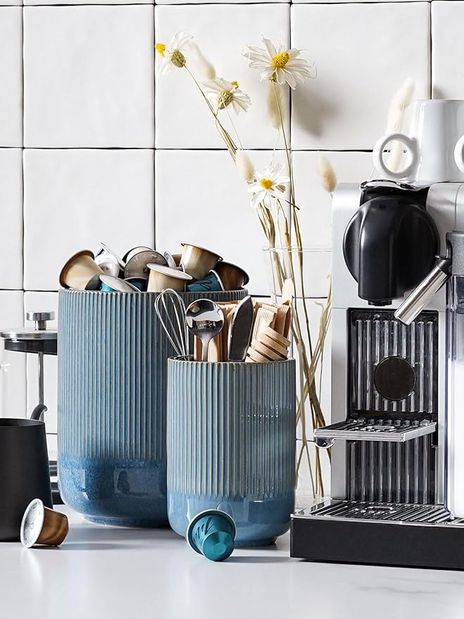 LE TAUCI Utensil Holder for Kitchen Counter, 7.3"+5.4" Fluted Ceramic Utensil Crock Organizer for Countertop, Heavy Large Holder for Spatulas, Spoons, Set of 2, Blue Marble
