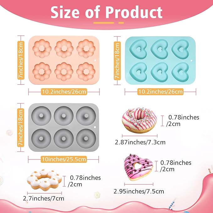 3 Pack Silicone Donut Pan, Non-stick Doughnut Molds for Baking, 6 Cavity Donut Maker Muffin Cupcake Bagel Making Tray (Gray, Pink, Blue)