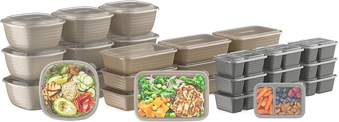 Bentgo Prep 60-Piece Variety Meal Prep Kit - Reusable PFAS & BPA-Free Food Containers 1-Compartment Trays, Prep Bowls, & Snack Boxes - Microwave, Freezer, & Dishwasher Safe (Gleam Metallics)