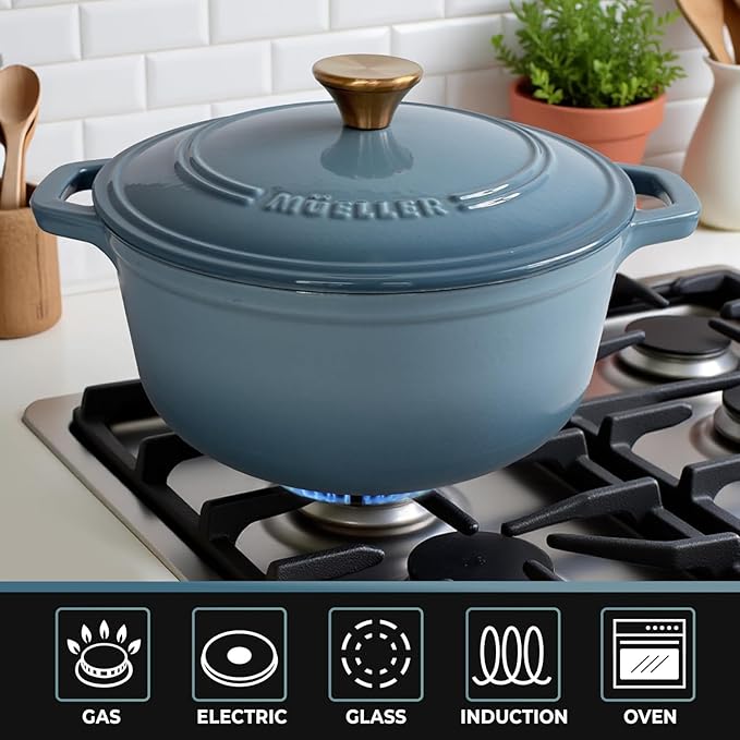 MUELLER HOME 7.5 Quart Enameled Cast Iron Pot Dutch Oven, Heavy-Duty, Oven-Safe up to 500° F & Across All Cooktops, Bread Pan with Lid & Knob, Cast Iron Cookware, Blue Kitchen Accessories,Mineral Blue