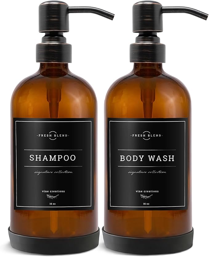 Vine Creations Amber Glass Soap Dispenser, 2 Pack Kitchen Soap Dispenser Set with Stainless Steel Pump, 16 oz Dish Soap and Hand Soap Dispensers for Bathroom with Waterproof Labels