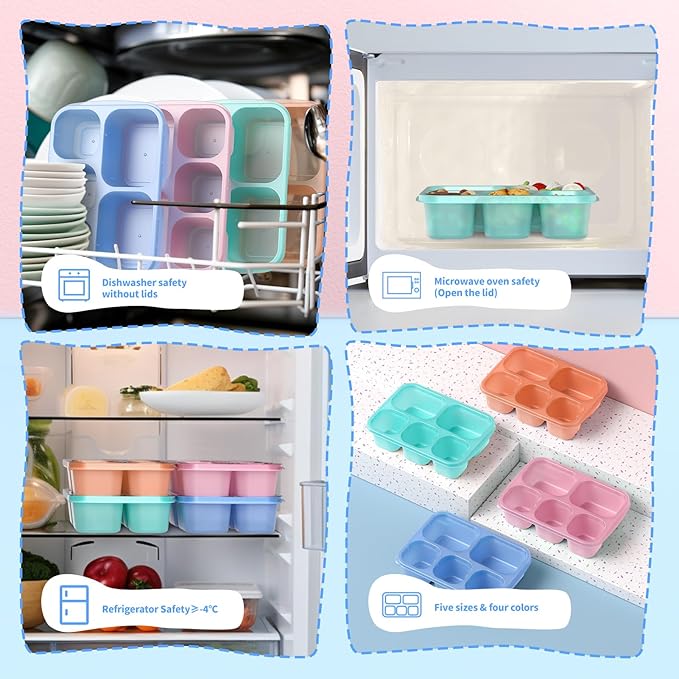 Bento Box Adult Lunch Box - 4 Pack, 5 - Compartment Meal Prep Container for Kids, Reusable Food Storage Snack Containers - Stackable for School, Work, and Travel (Transparent(Blue/Pink/Green/Yellow))
