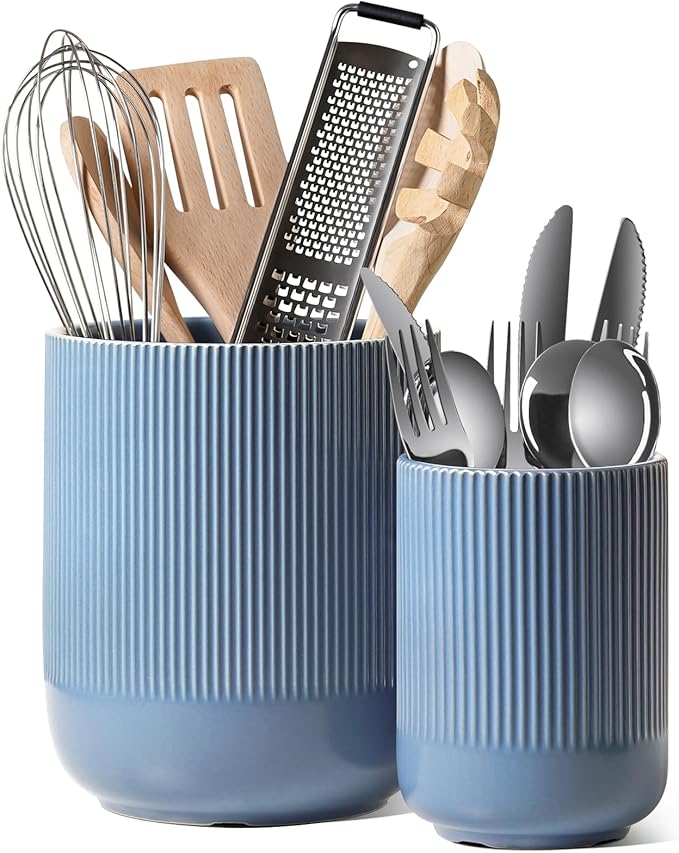 LE TAUCI Utensil Holder for Kitchen Counter, 7.3"+5.4" Fluted Ceramic Utensil Crock Organizer for Countertop, Heavy Large Holder for Spatulas, Spoons, Set of 2, Dusty Blue
