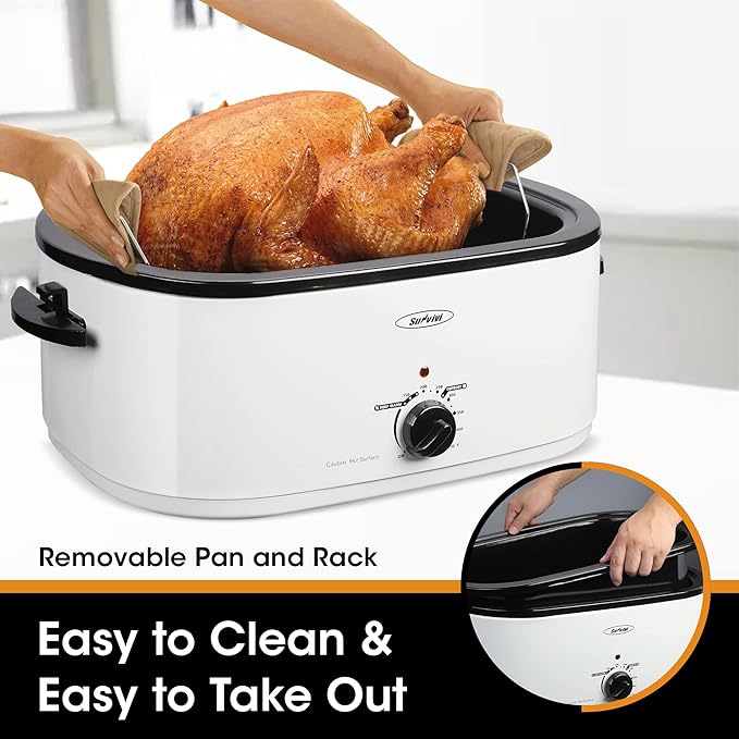 Sunvivi 26-Quart Roaster Oven, Electric Roaster Oven with Viewing Lid, Sunvivi Turkey Roaster with Unique Defrost/Warm Function, Large Roaster with with Removable Pan & Rack, Stainless Steel, White