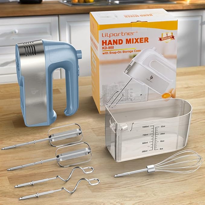Hand Mixer Electric, 450W Kitchen Mixers with Scale Cup Storage Case, Turbo Boost/Self-Control Speed + 5 Speed + Eject Button + 5 Stainless Steel Accessories, For Easy Whipping Dough, Cream, Blue