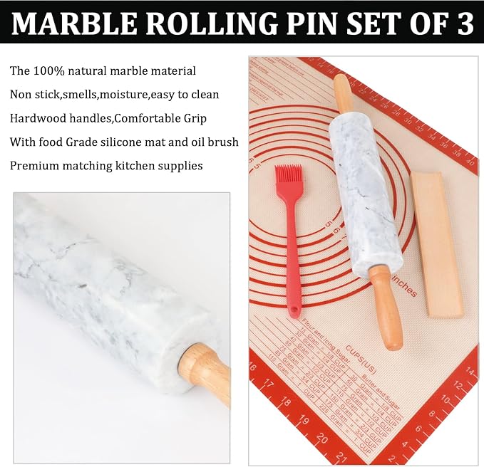 3Pcs Marble Rolling Pin Sets,15Inch Marble Pastry Dough Roller with Wooden Handle,Silicone Mat,Cradle and Brush, Non Stick Surface Rolling Pins for Dough Cookie Baking Supplies Kitchen Accessories
