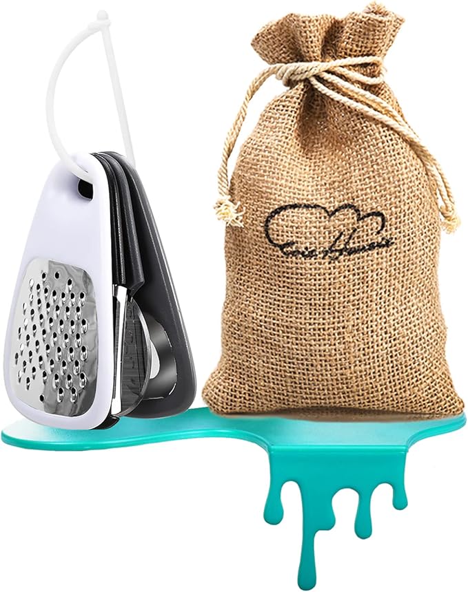 5 Pieces Kitchen Gadgets Set - Space Saving Cooking Tools Accessories Cheese Chocolate Grater, Fruit Vegetable Peeler, Bottle Opener, Pizza Cutter, Burlap Bags with Drawstring Gift Set