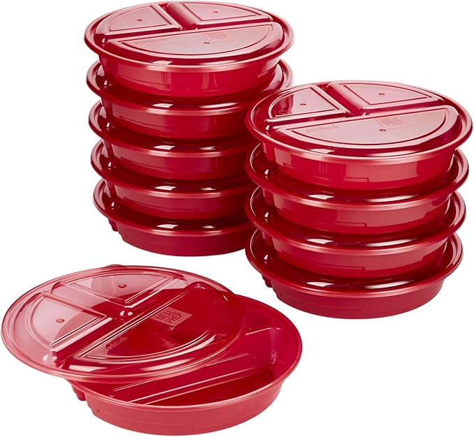 GoodCook Meal Prep Containers Set Microwave & Dishwasher-Safe Round Food Organizers with Labeled Compartments BPA-Free Food Storage Set with Snap Shut Lids Portion Control, 10-Pieces, Red