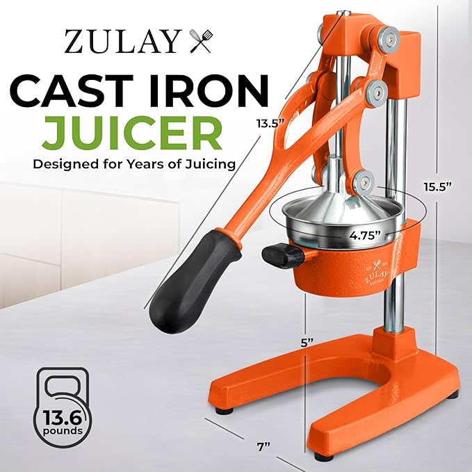 Zulay Kitchen Cast Iron Juicer - Heavy Duty Manual Juicer with Detachable Strainers for Easy Cleaning, Orange Juice Press for Citrus Fruits, Perfect for Bartenders, Juice Lovers & Health Enthusiasts
