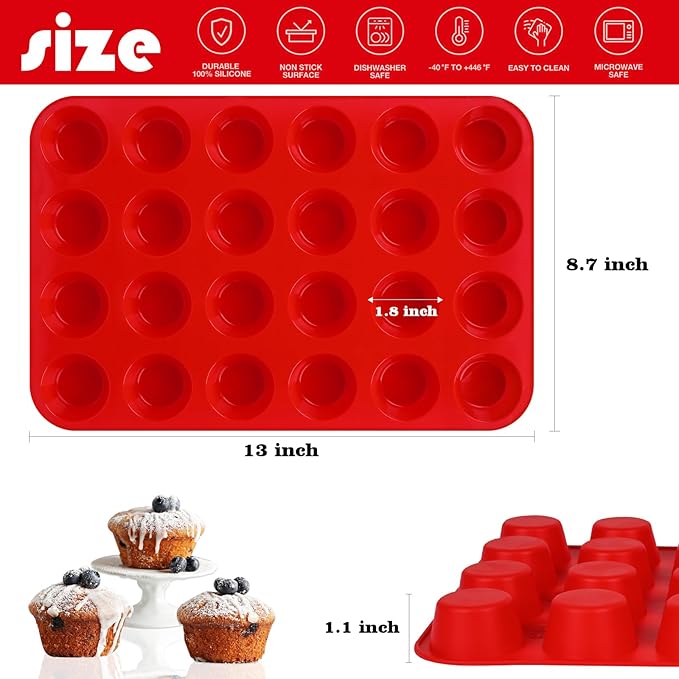 Sakolla 2 Pack Silicone Muffin Pan, Nonsticks 24 Cups Mini Cupcake Pans for Baking Muffin, Egg Bite, Cupcakes and Puddings (Red)
