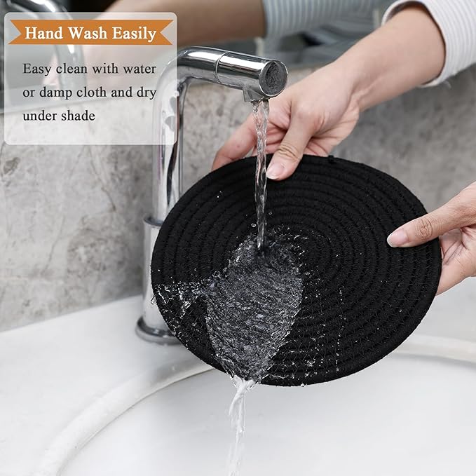 SHACOS 8 Inch Trivets for Hot Dishes 6 Pieces Heat-Resistant Trivet Set, Cotton Trivets Mats for Kitchen, Hot Pads for Countertops Table, Farmhouse Home Decor Essentials, Black