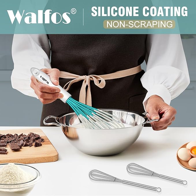 Walfos Whisk,Silicone Whis, Non Scratch Coated Wisking tool silicone set of 5,BPA Free and Heat Resistant 480°F.Premium for Whisking, Blending, Frothing, Beating.(Blue)