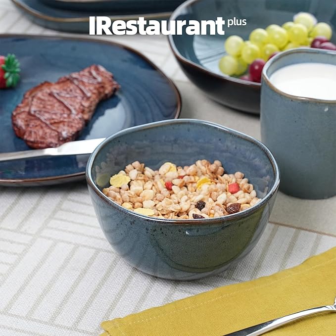 Organic Shape Restaurant Cereal Bowl 5.5", Commerical Grade Catering Stoneware Rice bowl in Ir-regular Organic Shape, Chip & Scratch Resistant, Glossy Reactive Glaze Blue, Case of 24
